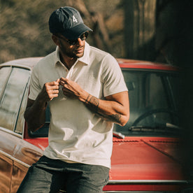 our fit model wearing The Heavy Bag Polo in Natural