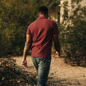 our fit model wearing The Heavy Bag Polo in Red Stripe
