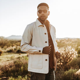 our fit model wearing The Ojai Jacket in Natural Reverse Sateen