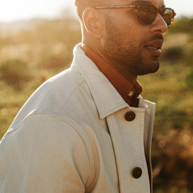 our fit model wearing The Ojai Jacket in Natural Reverse Sateen