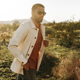 our fit model wearing The Ojai Jacket in Natural Reverse Sateen