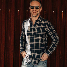 our fit model wearing The California in Navy Plaid