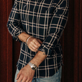 our fit model wearing The California in Navy Plaid