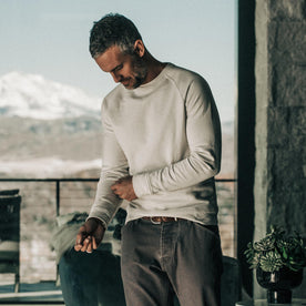 our fit model wearing The Crewneck in Natural Donegal Terry