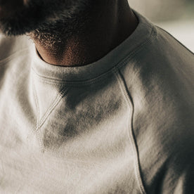 our fit model wearing The Crewneck in Natural Donegal Terry