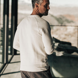 our fit model wearing The Crewneck in Natural Donegal Terry