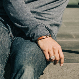 our fit model wearing The Crewneck in Navy Donegal Terry