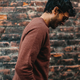 our fit model wearing The Crewneck in Rust Donegal Terry