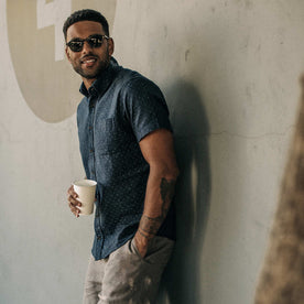 our fit model wearing The Short Sleeve Jack in Indigo Star