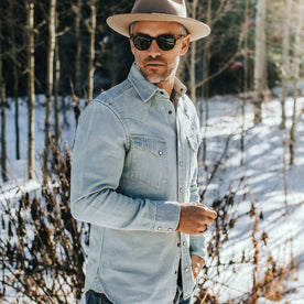 our fit model wearing The Western Shirt in Washed Denim