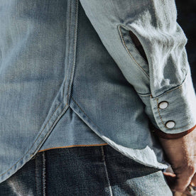 our fit model wearing The Western Shirt in Washed Denim