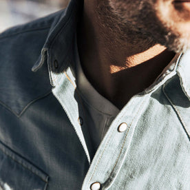 our fit model wearing The Western Shirt in Washed Denim