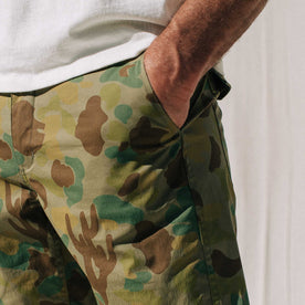 our fit model wearing The Adventure Short in Arid Camo