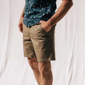 our fit model wearing The Adventure Short in Mushroom