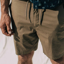 our fit model wearing The Adventure Short in Mushroom