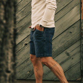 our fit model wearing The Camp Short in Indigo Boss Duck