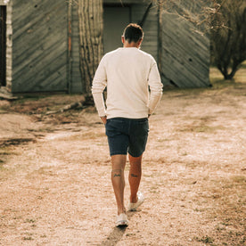 our fit model wearing The Camp Short in Indigo Boss Duck