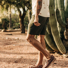 our fit model wearing The Camp Short in Olive Boss Duck