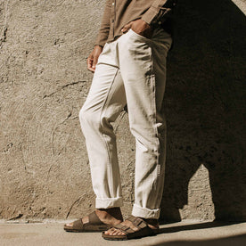 our fit model wearing The Camp Pant in Natural Reverse Sateen