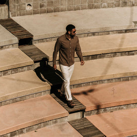 our fit model wearing The Camp Pant in Natural Reverse Sateen