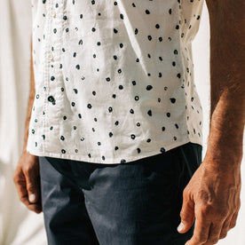 our fit model wearing The Short Sleeve Hawthorne in Brush Dot