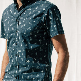 our fit model wearing The Short Sleeve Jack in Navy Aloha