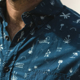 our fit model wearing The Short Sleeve Jack in Navy Aloha
