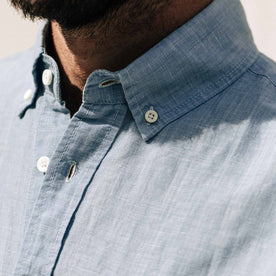 our fit model wearing The Short Sleeve Jack in Sun Bleached Linen