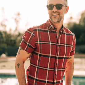 our fit model wearing The Short Sleeve Jack in Crimson Plaid