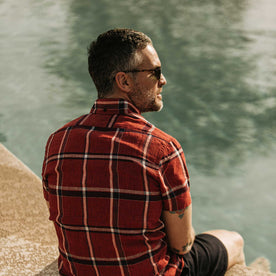our fit model wearing The Short Sleeve Jack in Crimson Plaid