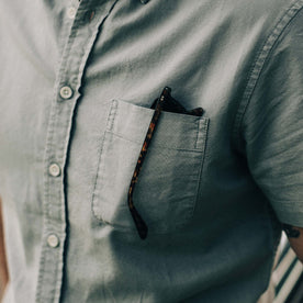 our fit model wearing The Short Sleeve Jack in Dusk Oxford