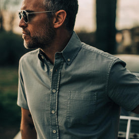 our fit model wearing The Short Sleeve Jack in Dusk Oxford