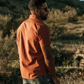 our fit model wearing The Short Sleeve Jack in Terracotta Oxford
