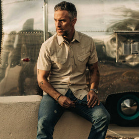 our fit model wearing The Short Sleeve Western in Natural Herringbone