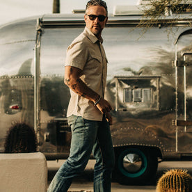 our fit model wearing The Short Sleeve Western in Natural Herringbone