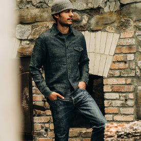our fit model wearing The Cash Shirt in Indigo Hemp—looking right