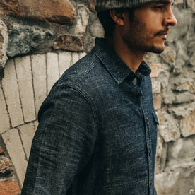 our fit model wearing The Cash Shirt in Indigo Hemp—cropped shot of shoulder