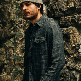 our fit model wearing The Cash Shirt in Indigo Hemp—cropped shot, looking left