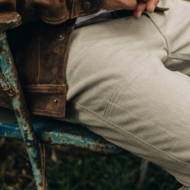 our fit model wearing The Chore Pant in Ash Boss Duck—cropped material shot 