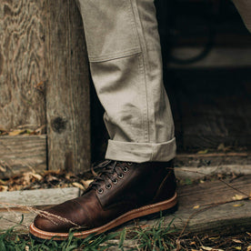 our fit model wearing The Chore Pant in Ash Boss Duck—cropped shot of pant cuff