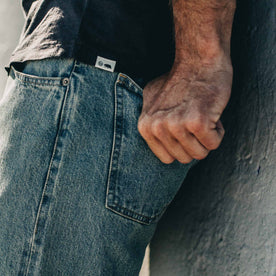 our fit model wearing The Democratic Jean in 24-Month Wash Japanese Selvage—back detail shot