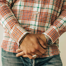 our fit model wearing The Jack in Vintage Red Madras—cropped shot of sleeves and bottom of shirt
