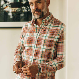 our fit model wearing The Jack in Vintage Red Madras—smiling, looking center