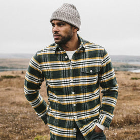 our fit model wearing The Crater Shirt in Green Plaid