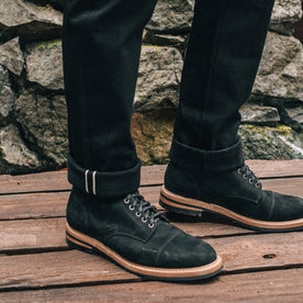 our fit model wearing The Democratic Jean in Black Selvage