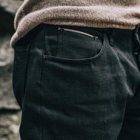 our fit model wearing The Democratic Jean in Black Selvage