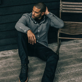 our fit model wearing The Jack in Charcoal Double Cloth