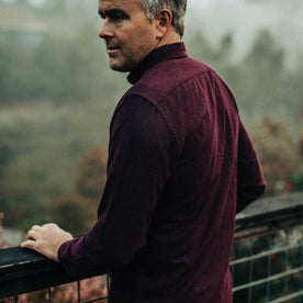 our fit model wearing The Jack in Maroon Brushed Oxford