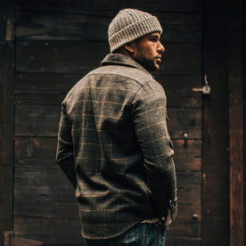 Our fit model wearing The Leeward Shirt in Olive Plaid