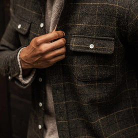 Our fit model wearing The Leeward Shirt in Olive Plaid